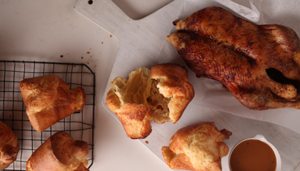 Roast duck with duck fat popovers.